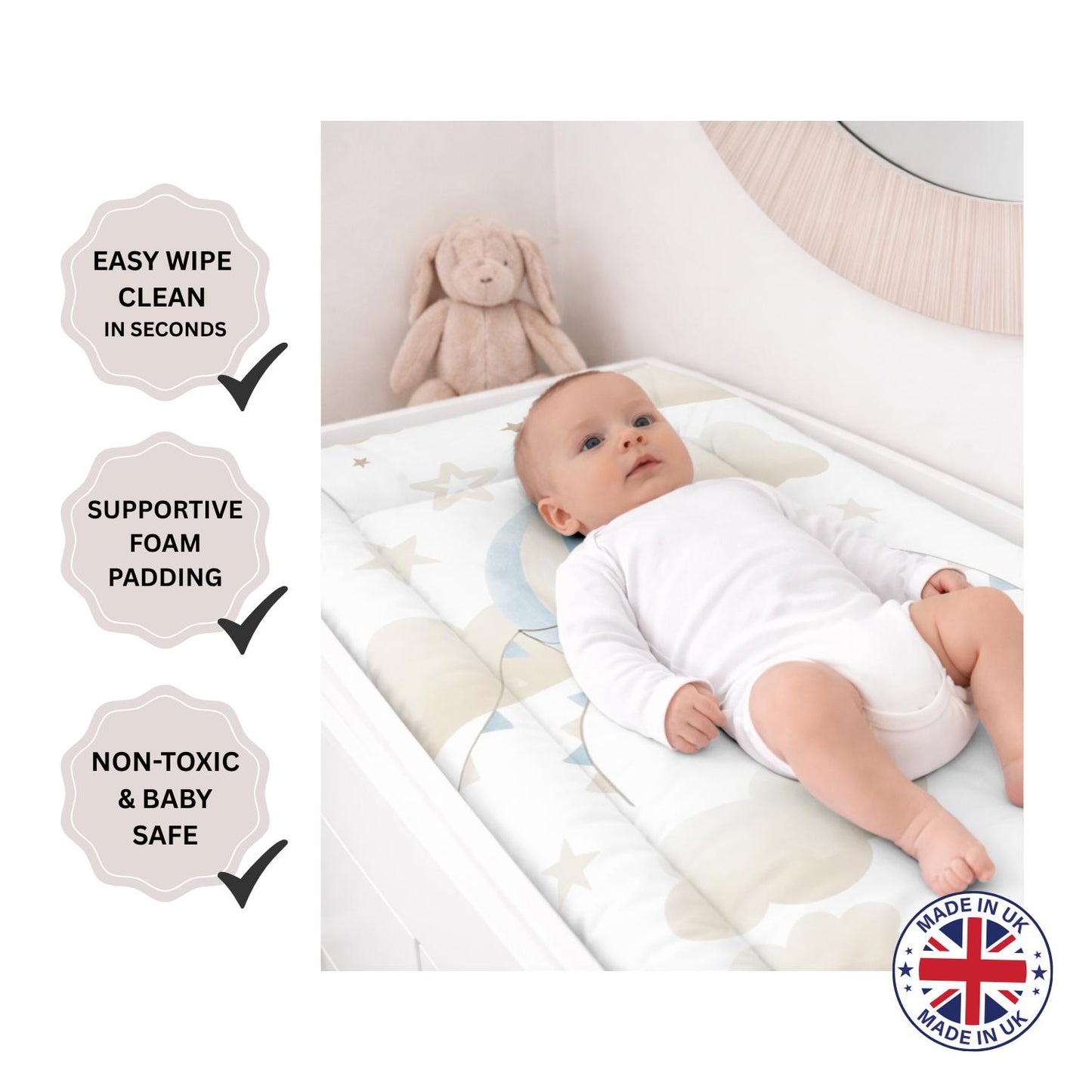 Single Hot Air Balloon, Blue and Beige - Baby Changing Mat