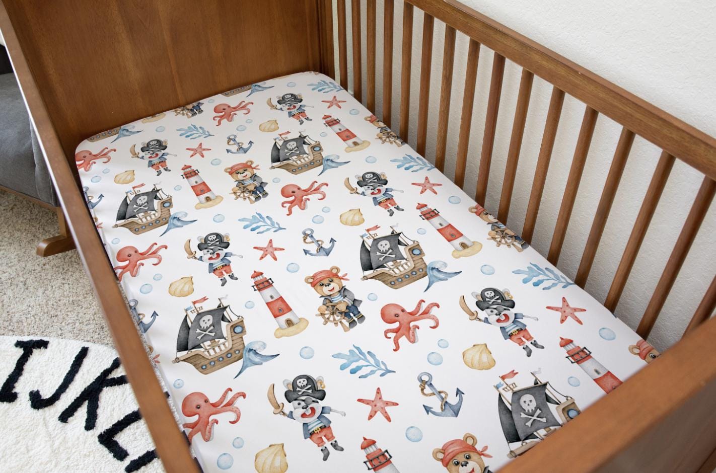 BEDDING - Pirate Ship - Bears, Duvet Cover set, Fitted Sheets, Pillow Case, Modern Colourful Watercolour Kids Bedding