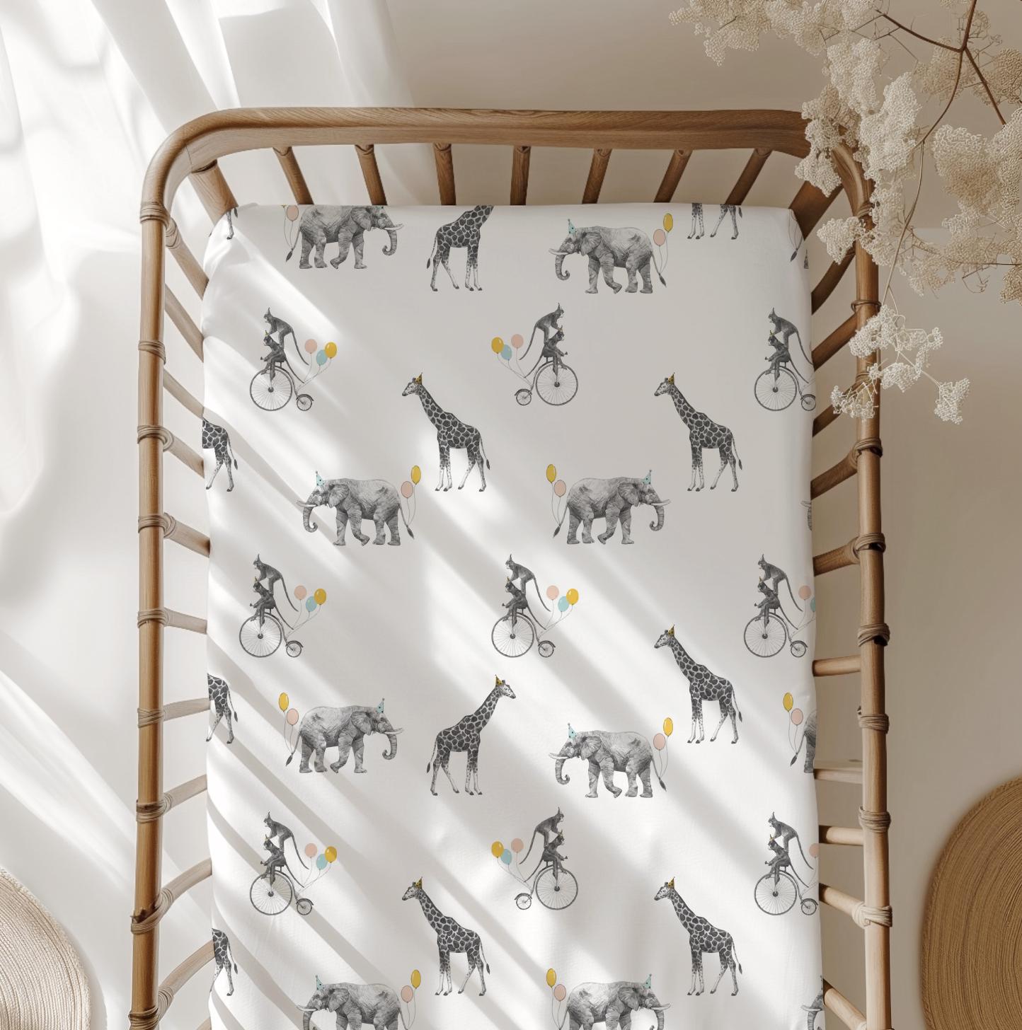 BEDDING - Safari - Animals on Unicycle, Duvet Cover set, Fitted Sheets, Pillow Case, Modern Colourful Watercolour Kids Bedding