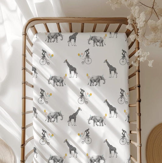 BEDDING - Safari - Animals on Unicycle, Duvet Cover set, Fitted Sheets, Pillow Case, Modern Colourful Watercolour Kids Bedding