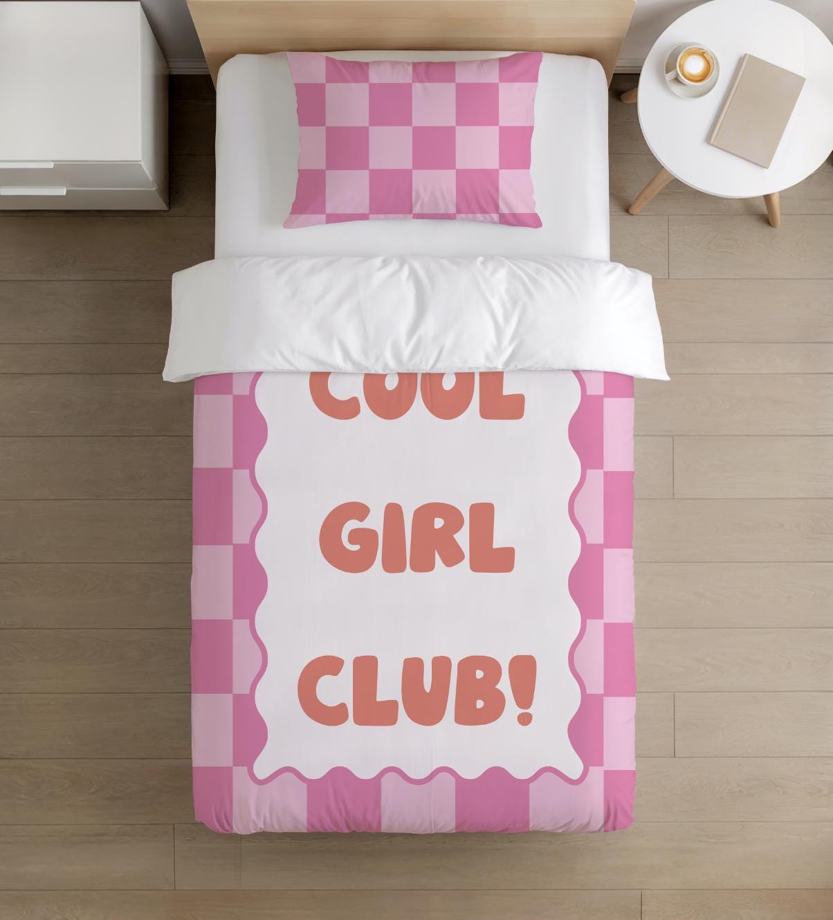 BEDDING - Checkered 'Cool Girl Club!' Pink/Baby Pink, Duvet Cover set, Fitted Sheets, Pillow Case, Modern Colourful Kids Bedding, Wavy