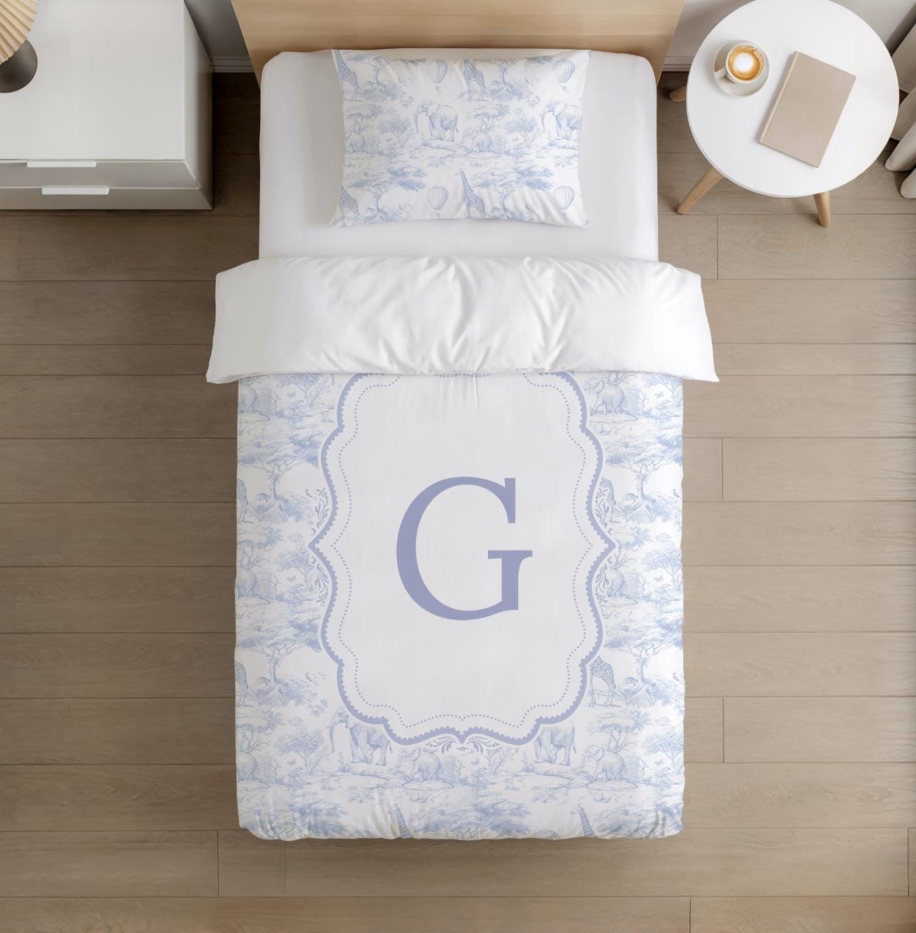 BEDDING - Toile De Jouy Safari - Personalised Letter BLUE, Duvet Cover set, Fitted Sheets, Pillow Case, Modern Colourful Kids Bedding,