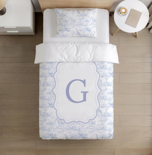 BEDDING - Toile De Jouy Safari - Personalised Letter BLUE, Duvet Cover set, Fitted Sheets, Pillow Case, Modern Colourful Kids Bedding,