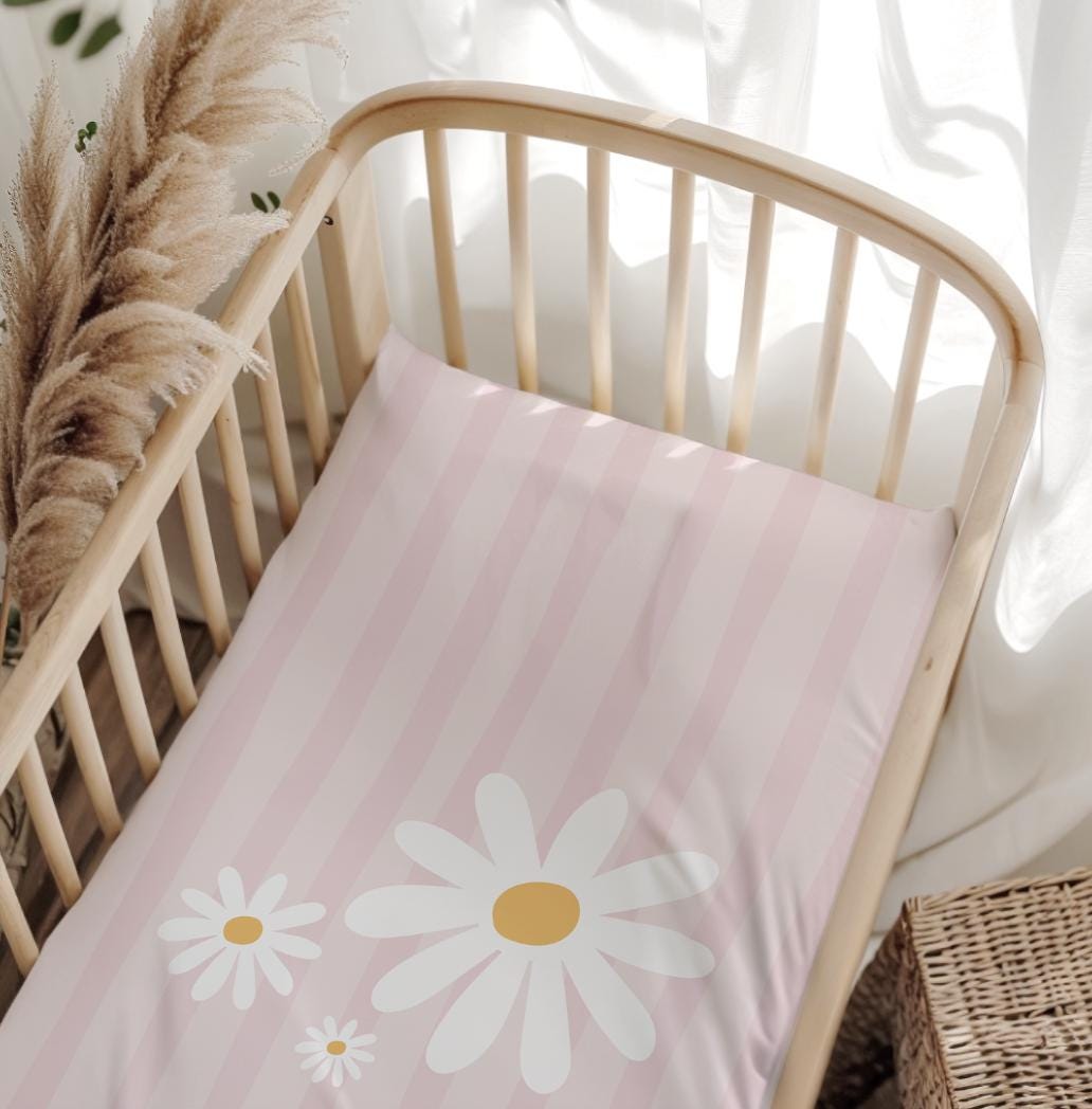 BEDDING - Stripes with Daisies - Pink, Duvet Cover set, Fitted Sheets, Pillow Case, Modern Colourful Kids Bedding,