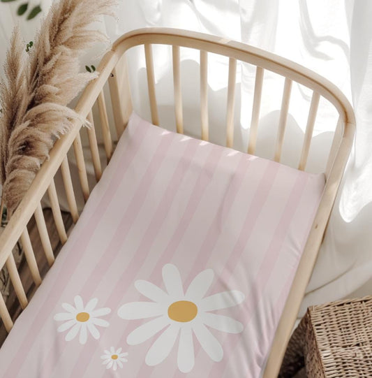BEDDING - Stripes with Daisies - Pink, Duvet Cover set, Fitted Sheets, Pillow Case, Modern Colourful Kids Bedding,
