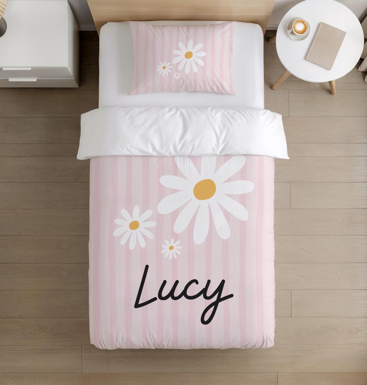 BEDDING - Stripes with Daisies - Pink - Personalised, Duvet Cover set, Fitted Sheets, Pillow Case, Modern Colourful Kids Bedding,