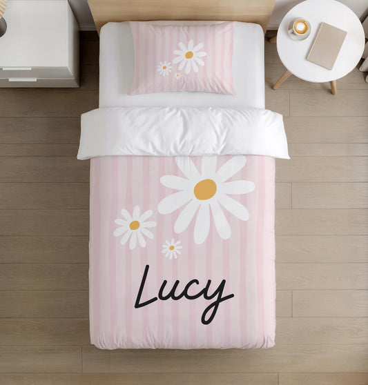 BEDDING - Stripes with Daisies - Pink - Personalised, Duvet Cover set, Fitted Sheets, Pillow Case, Modern Colourful Kids Bedding,