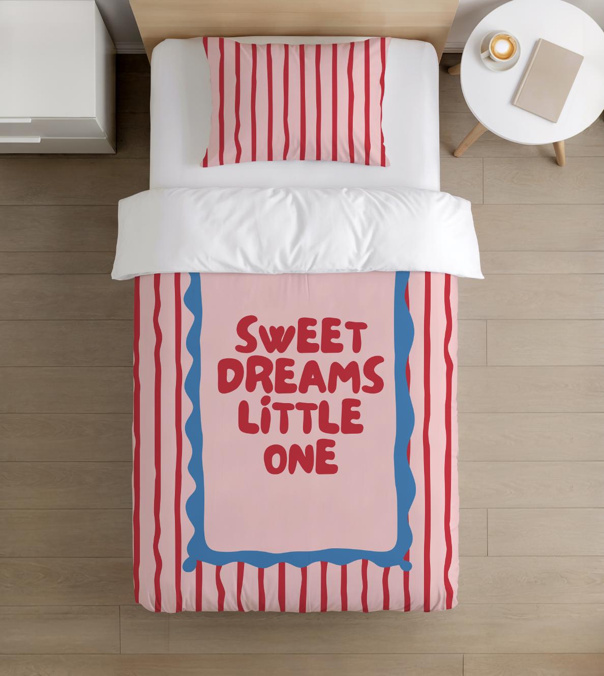 BEDDING - Stripes 'Sweet Dreams Little One' Pink & Red, Duvet Cover, Pillow Case, Modern Colourful Kids Bedding,