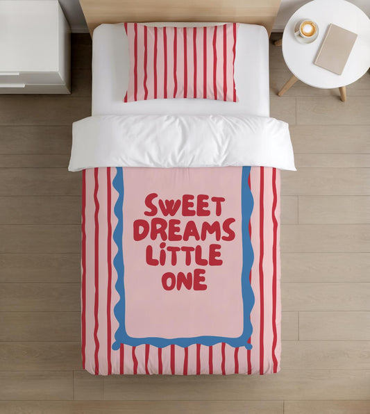 BEDDING - Stripes 'Sweet Dreams Little One' Pink & Red, Duvet Cover, Pillow Case, Modern Colourful Kids Bedding,