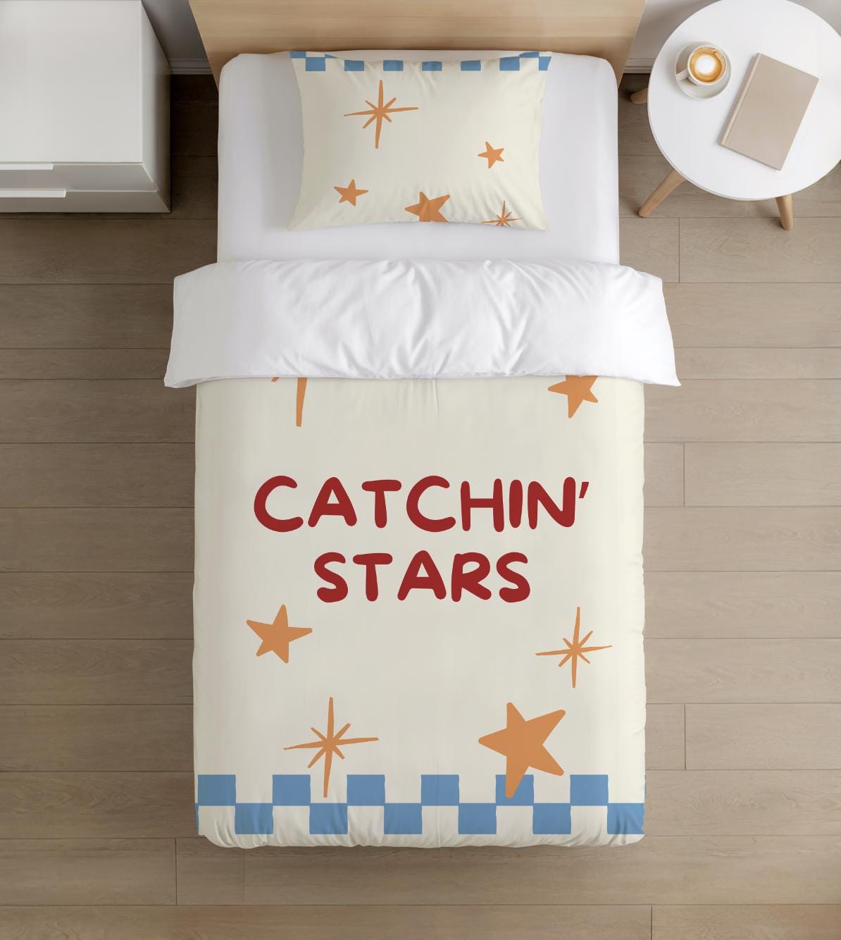BEDDING - 'Catching Stars' Cream and Blue, Duvet Cover, Pillow Case, Modern Colourful Kids Bedding