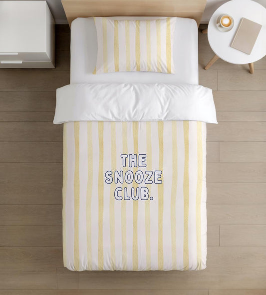 BEDDING - 'The Snooze Club.' Yellow and White stripes, Duvet Cover, Pillow Case, Modern Colourful Kids Bedding