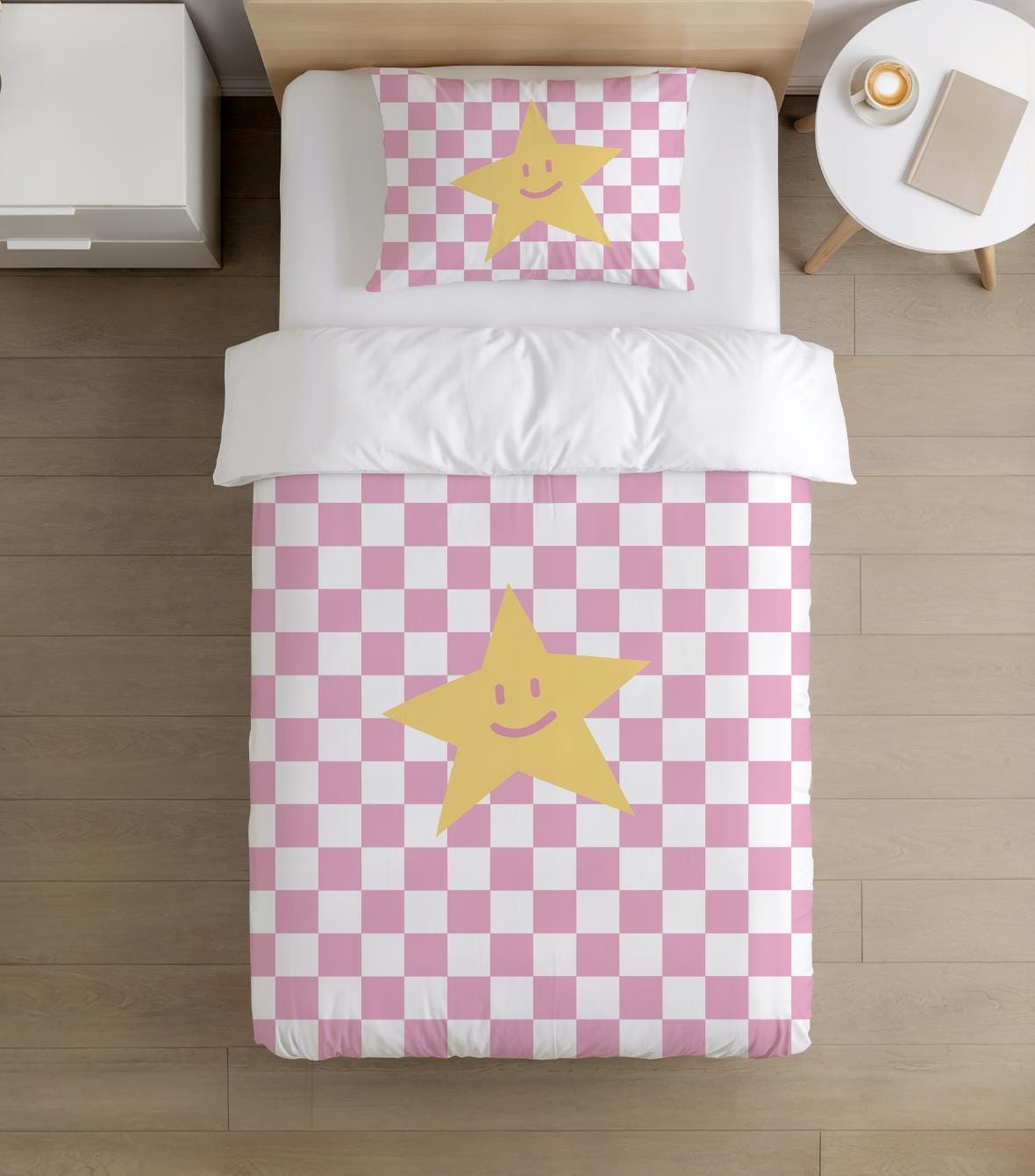 BEDDING - Checkered Pink and white with Yellow Star, Duvet Cover, Pillow Case, Modern Colourful Kids Bedding