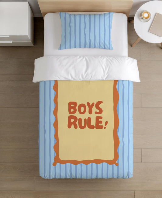 BEDDING - Stripes Blue 'Boys Rule!', Duvet Cover set, Fitted Sheets, Pillow Case, Modern Colourful Watercolour Kids Bedding