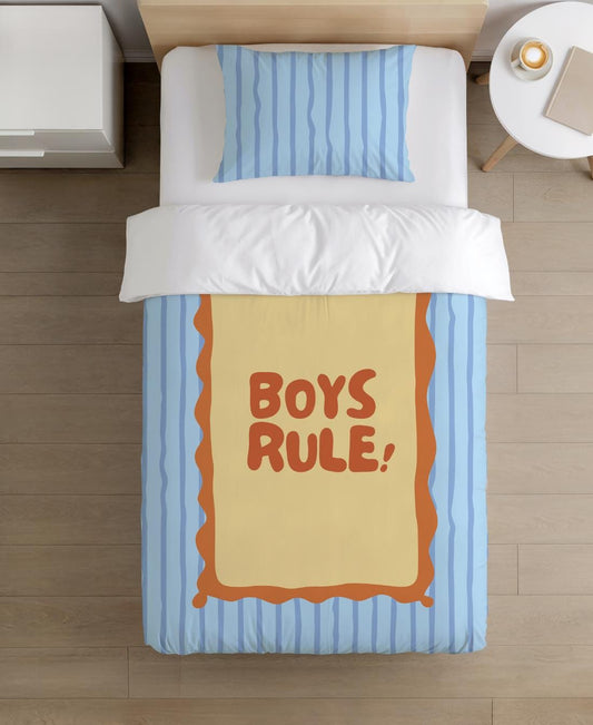 BEDDING - Stripes Blue 'Boys Rule!', Duvet Cover set, Fitted Sheets, Pillow Case, Modern Colourful Watercolour Kids Bedding