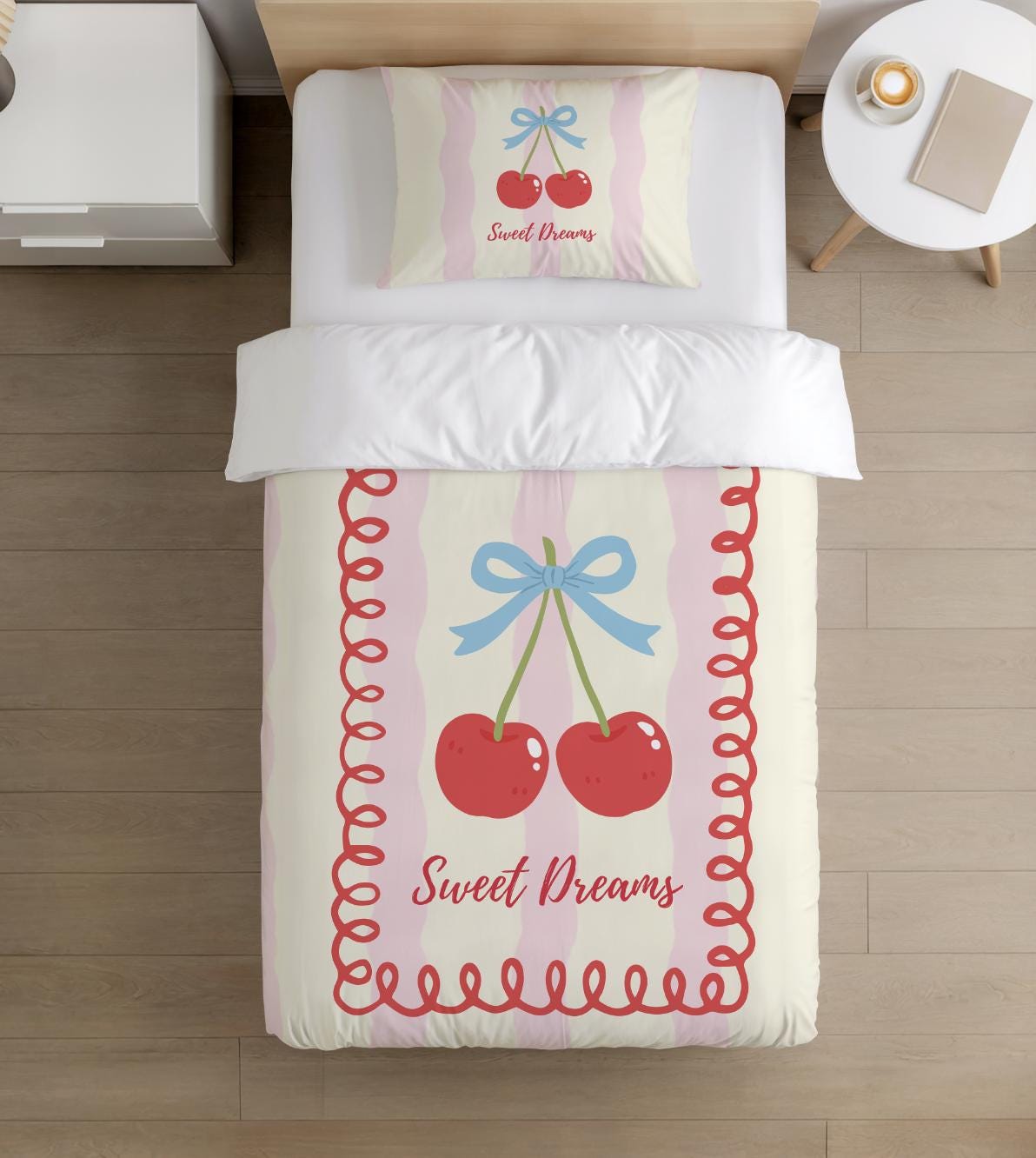 BEDDING - Stripes Yellow/Pink 'Sweet Dreams', Duvet Cover set, Fitted Sheets, Pillow Case, Modern Colourful Watercolour Kids Bedding