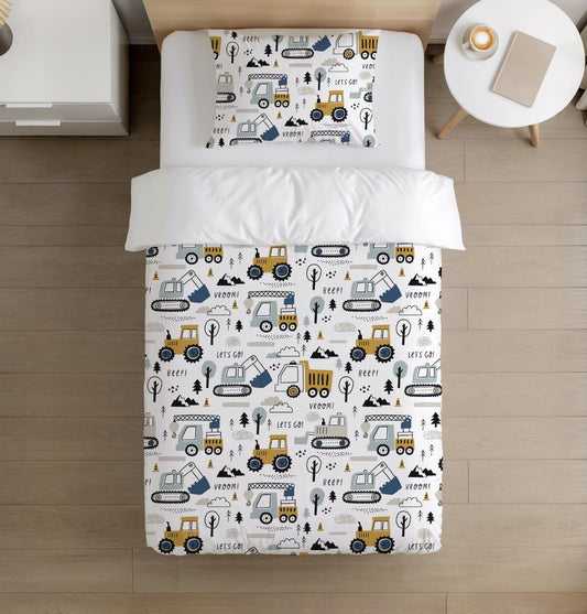 BEDDING - Trucks and Diggers, Duvet Cover set, Fitted Sheets, Pillow Case, Modern Colourful Kids Bedding