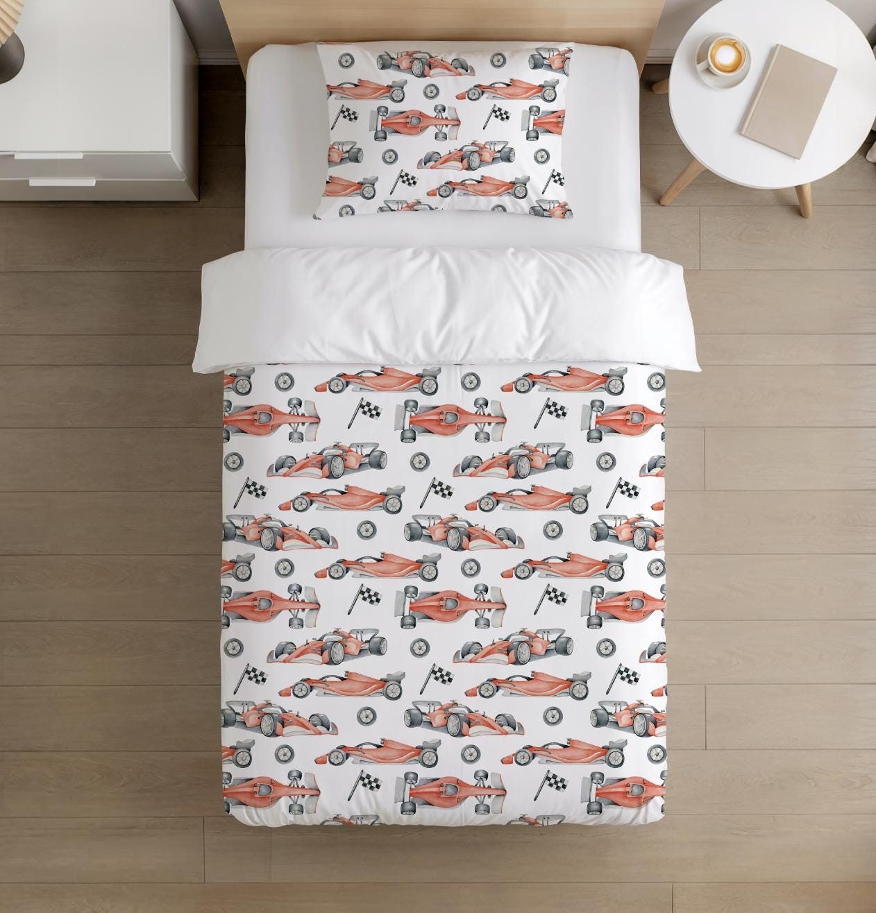 BEDDING - Race Cars - Red, Duvet Cover set, Fitted Sheets, Pillow Case, Modern Colourful Kids Bedding