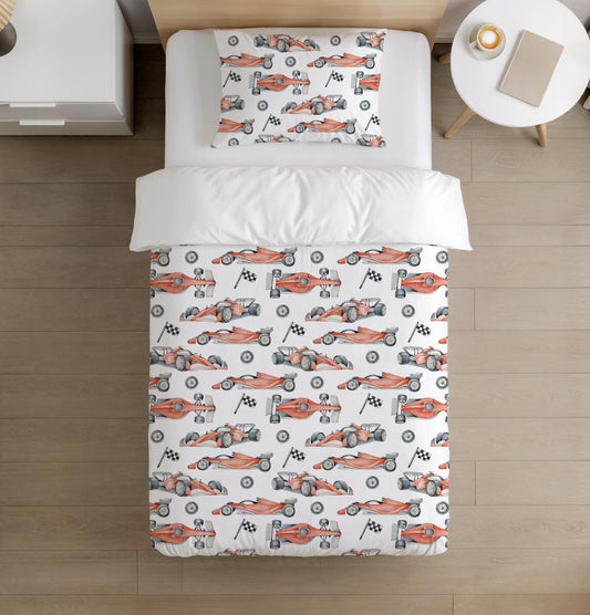 BEDDING - Race Cars - Red, Duvet Cover set, Fitted Sheets, Pillow Case, Modern Colourful Kids Bedding