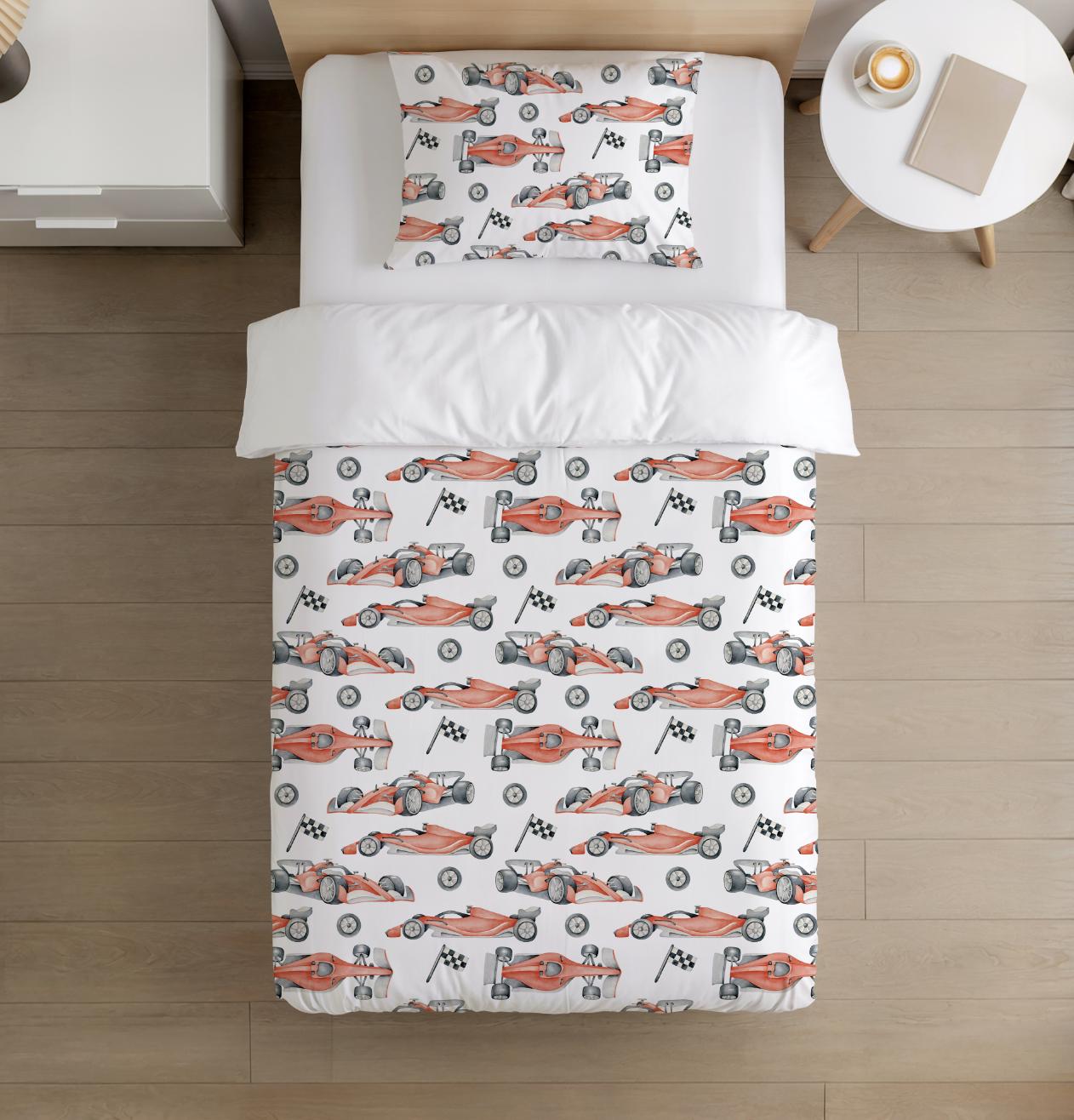 BEDDING - Race Cars - Red, Duvet Cover set, Fitted Sheets, Pillow Case, Modern Colourful Kids Bedding