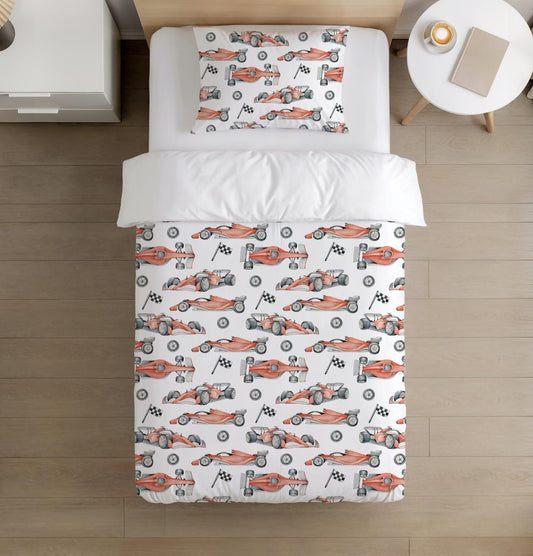 BEDDING - Race Cars - Red, Duvet Cover set, Fitted Sheets, Pillow Case, Modern Colourful Kids Bedding