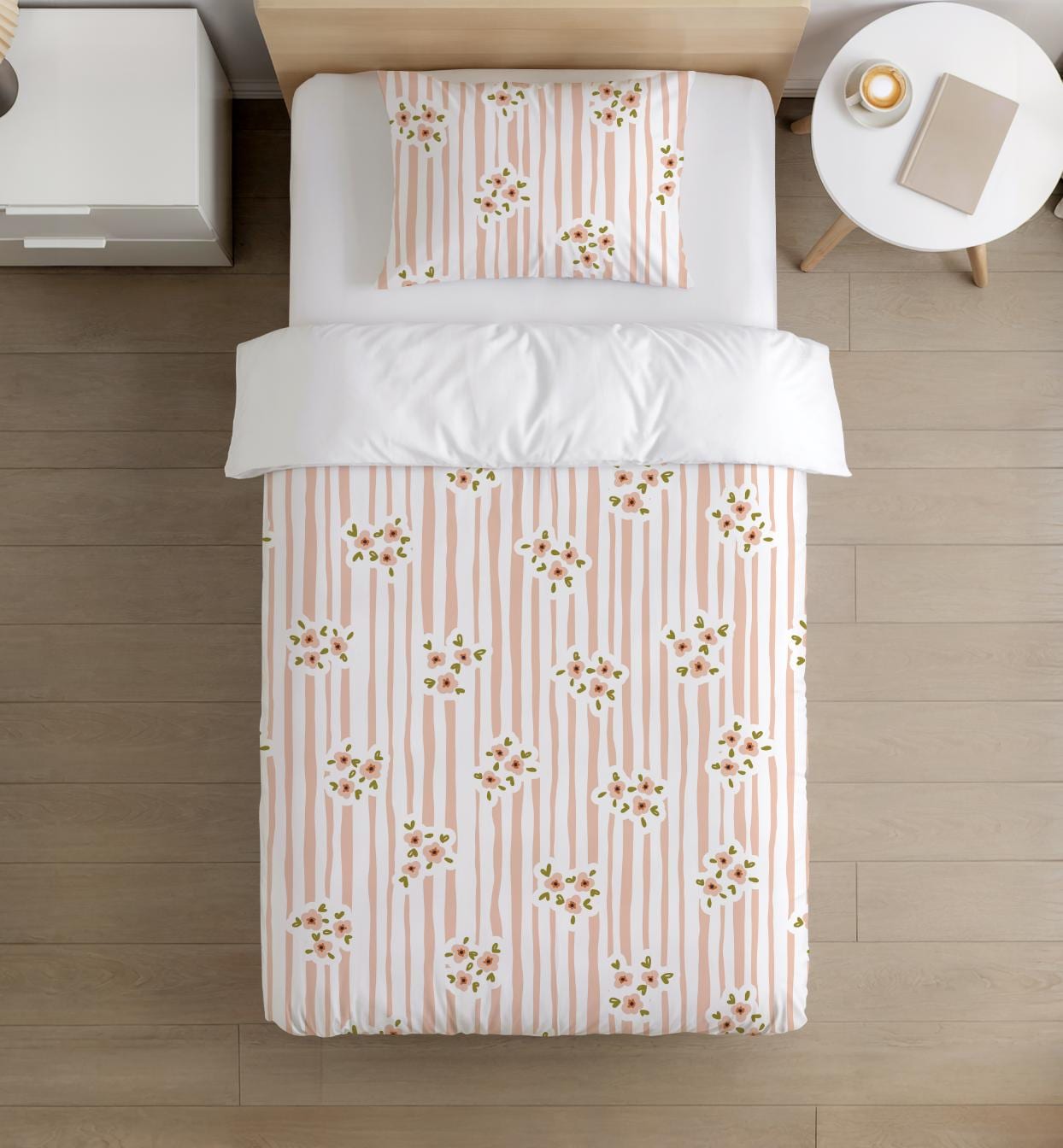 BEDDING - Stripes - Floral Peach, Duvet Cover set, Fitted Sheets, Pillow Case, Modern Colourful Kids Bedding