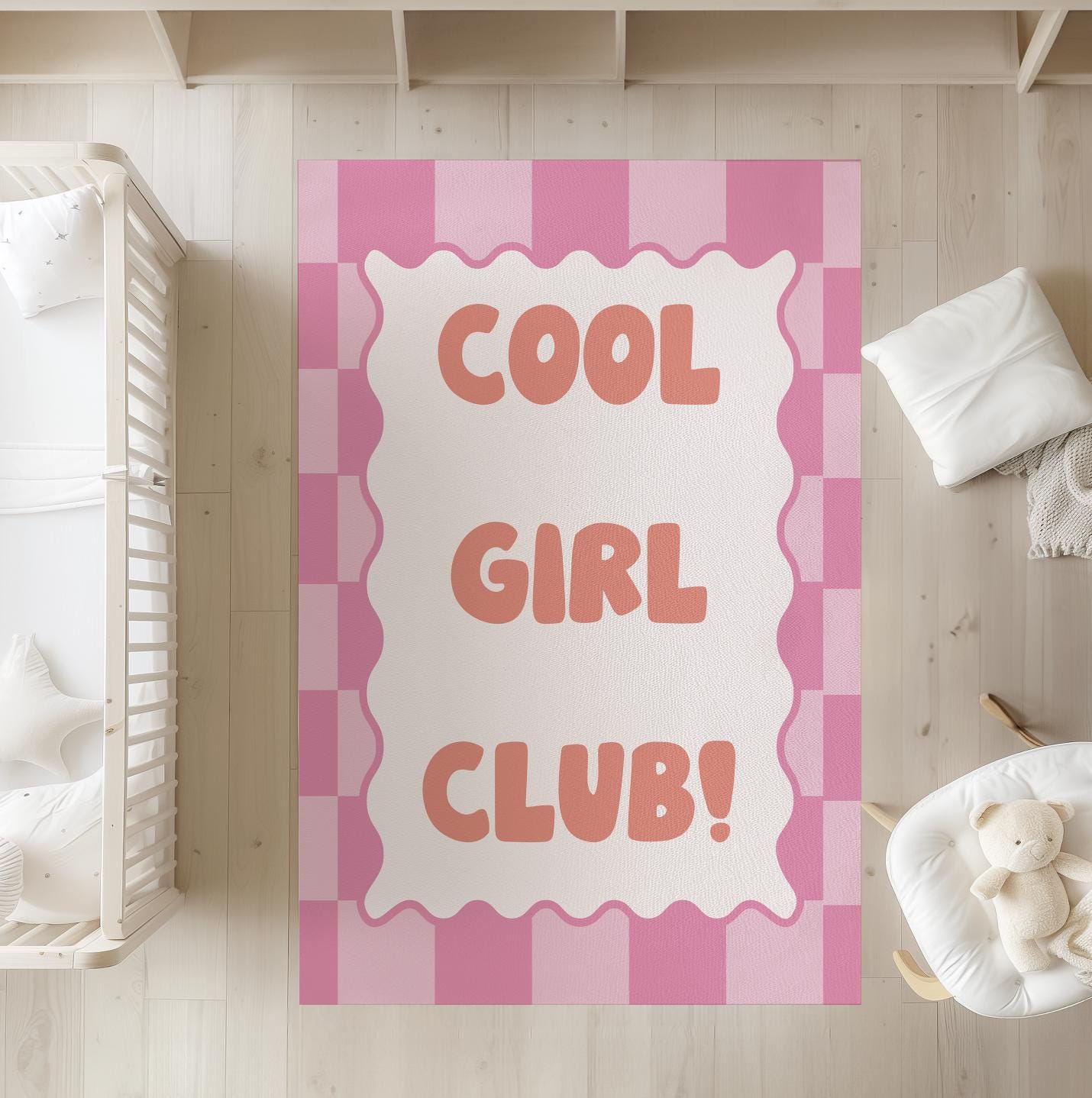 Checkered 'Cool Girls Club!' Pink/Baby Pink, Carpet, kids decor, Children's Room Decor, Kids Rug, Kids Carpet, Modern Colourful decor