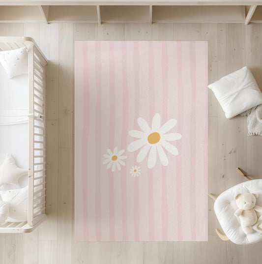 Stripes Pink with Daisies - Rug, Carpet, kids decor, Children's Room Decor, Kids Rug, Kids Carpet