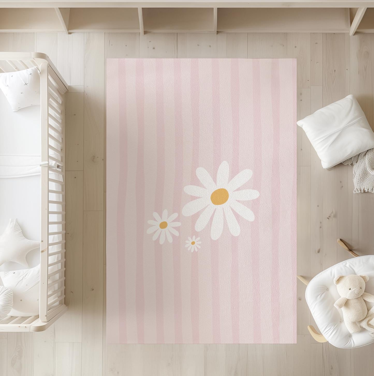 Stripes Pink with Daisies - Rug, Carpet, kids decor, Children's Room Decor, Kids Rug, Kids Carpet