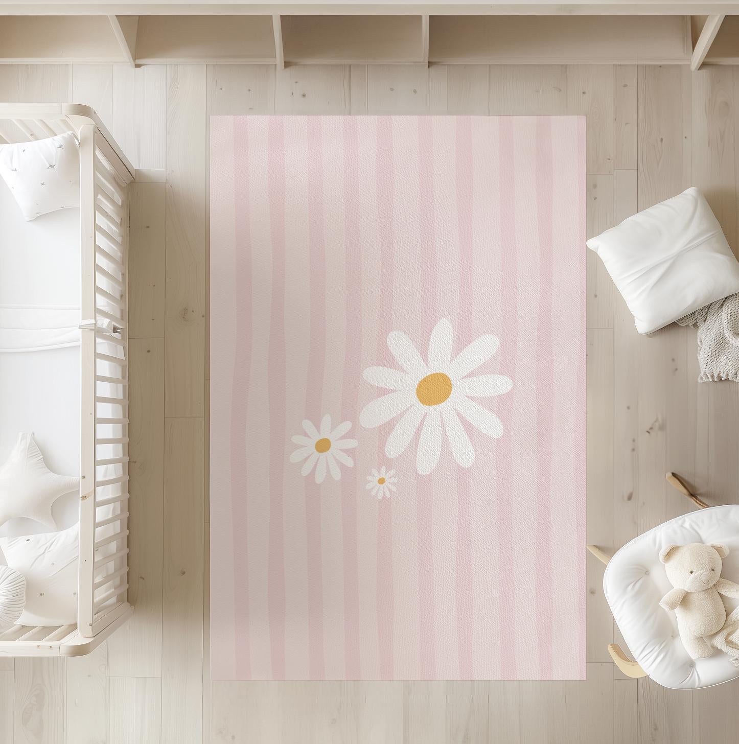Stripes Pink with Daisies - Rug, Carpet, kids decor, Children's Room Decor, Kids Rug, Kids Carpet
