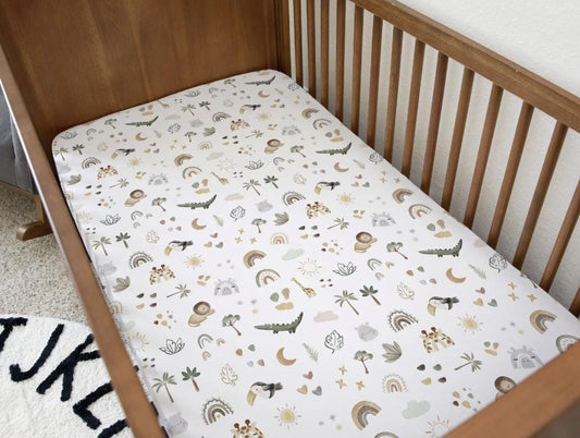 Little Doodle Safari, Bedding, Duvet Covers, Fitted Sheets, Safari Giraffe Lion Rainbows, Kids Bedding