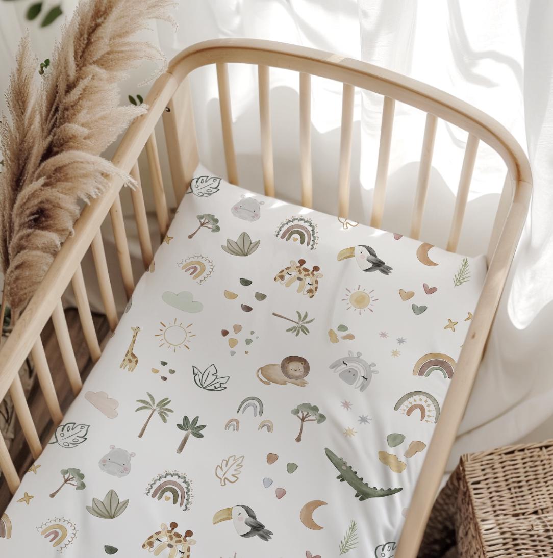 Little Doodle Safari, Bedding, Duvet Covers, Fitted Sheets, Safari Giraffe Lion Rainbows, Kids Bedding