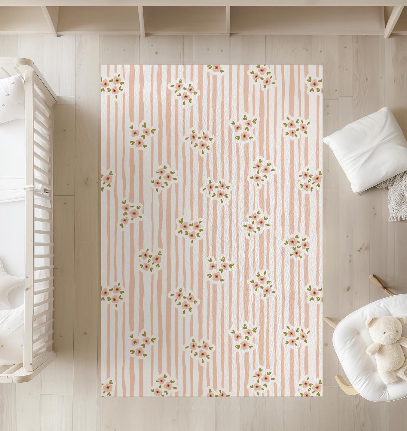 Stripes - Floral Peach - Rug, Carpet, kids decor, Children's Room Decor, Kids Rug, Kids Carpet