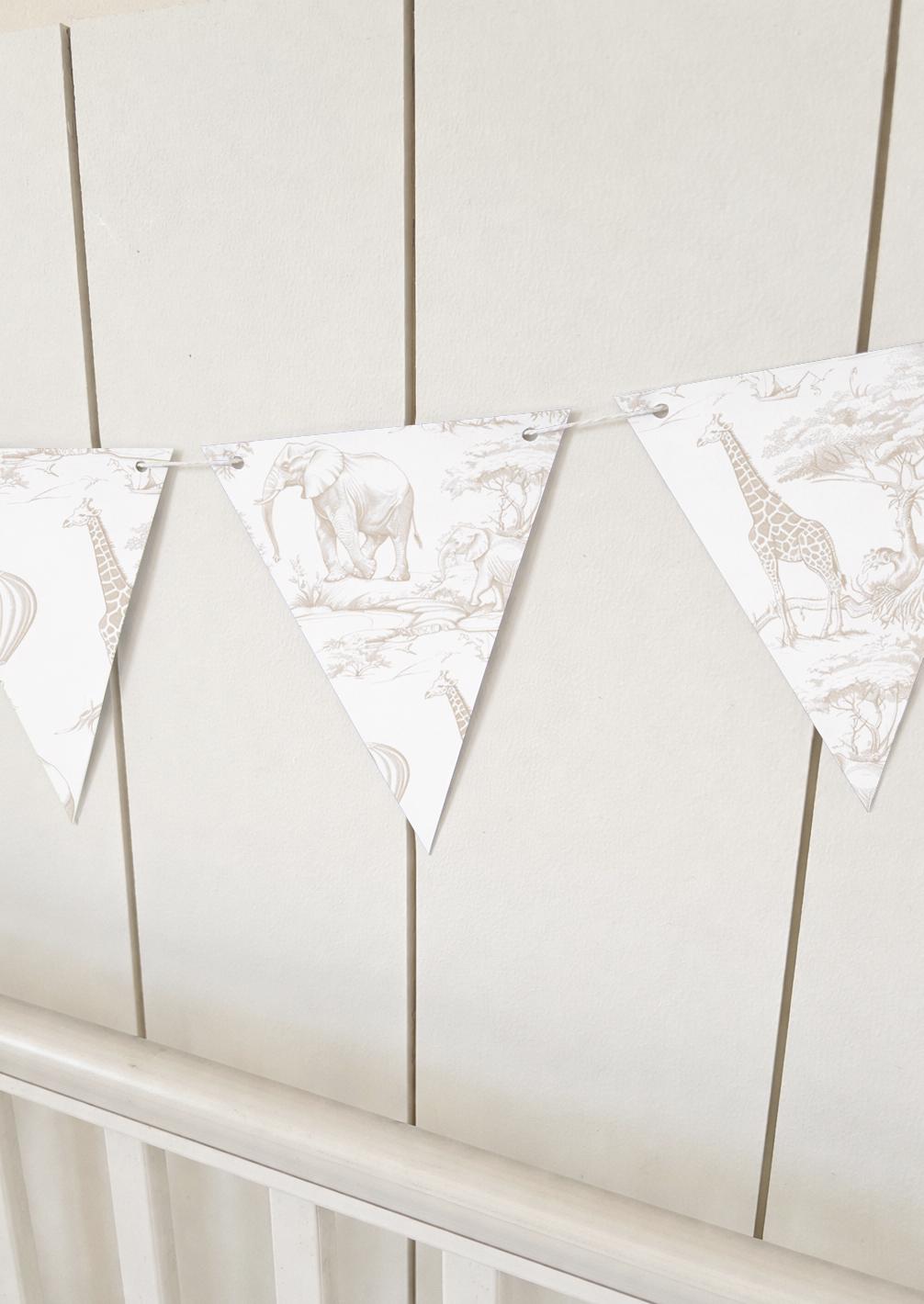 BUNTING - Toile De Jouy Safari - Beige, Cardstock (300gsm card NOT fabric) Nursery Wall Prints, Bedroom Bunting, Nursery Bunting, Play Room