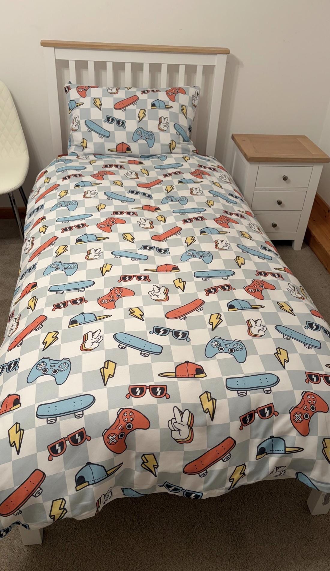 Skater Boy, Blue Checkered - Bedding, Duvet Covers, Fitted Sheets, Skateboard Bedding, Cool Kids Bedding, Childrens decor, Checkered bedding