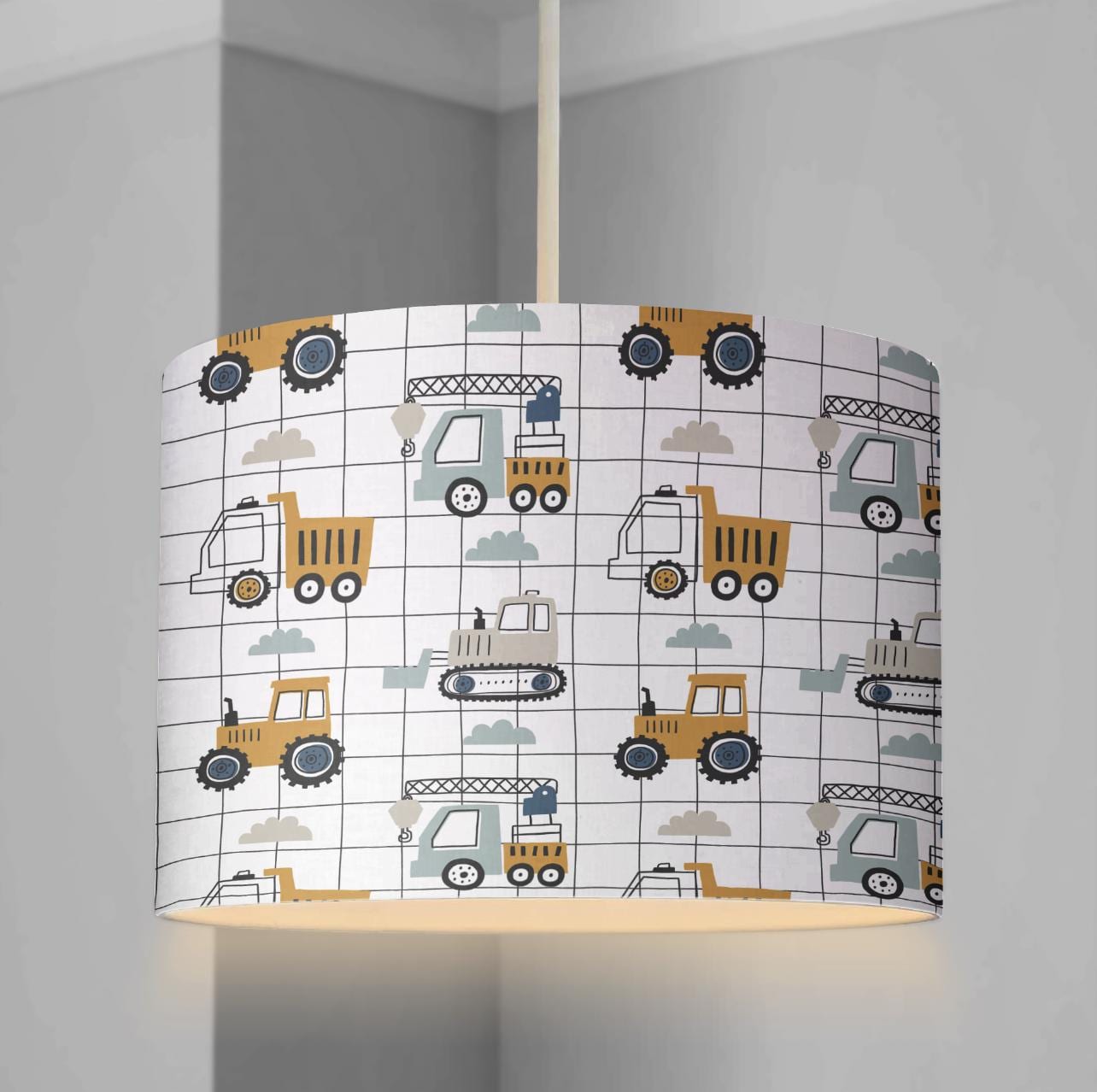 LAMPSHADE - Nursery Trucks & Diggers - Grid, Lampshade or Table lampshade - Childrens Room Lampshade - Round Lampshade