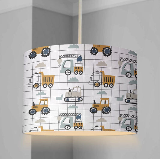 LAMPSHADE - Nursery Trucks & Diggers - Grid, Lampshade or Table lampshade - Childrens Room Lampshade - Round Lampshade