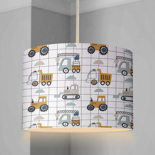 LAMPSHADE - Nursery Trucks & Diggers - Grid, Lampshade or Table lampshade - Childrens Room Lampshade - Round Lampshade