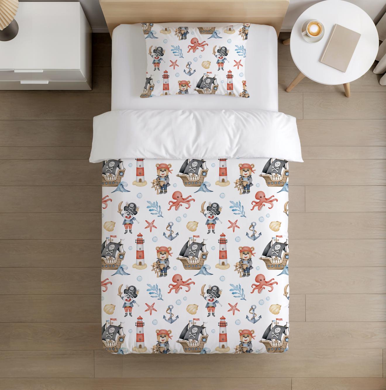 BEDDING - Pirate Ship - Bears, Duvet Cover set, Fitted Sheets, Pillow Case, Modern Colourful Watercolour Kids Bedding