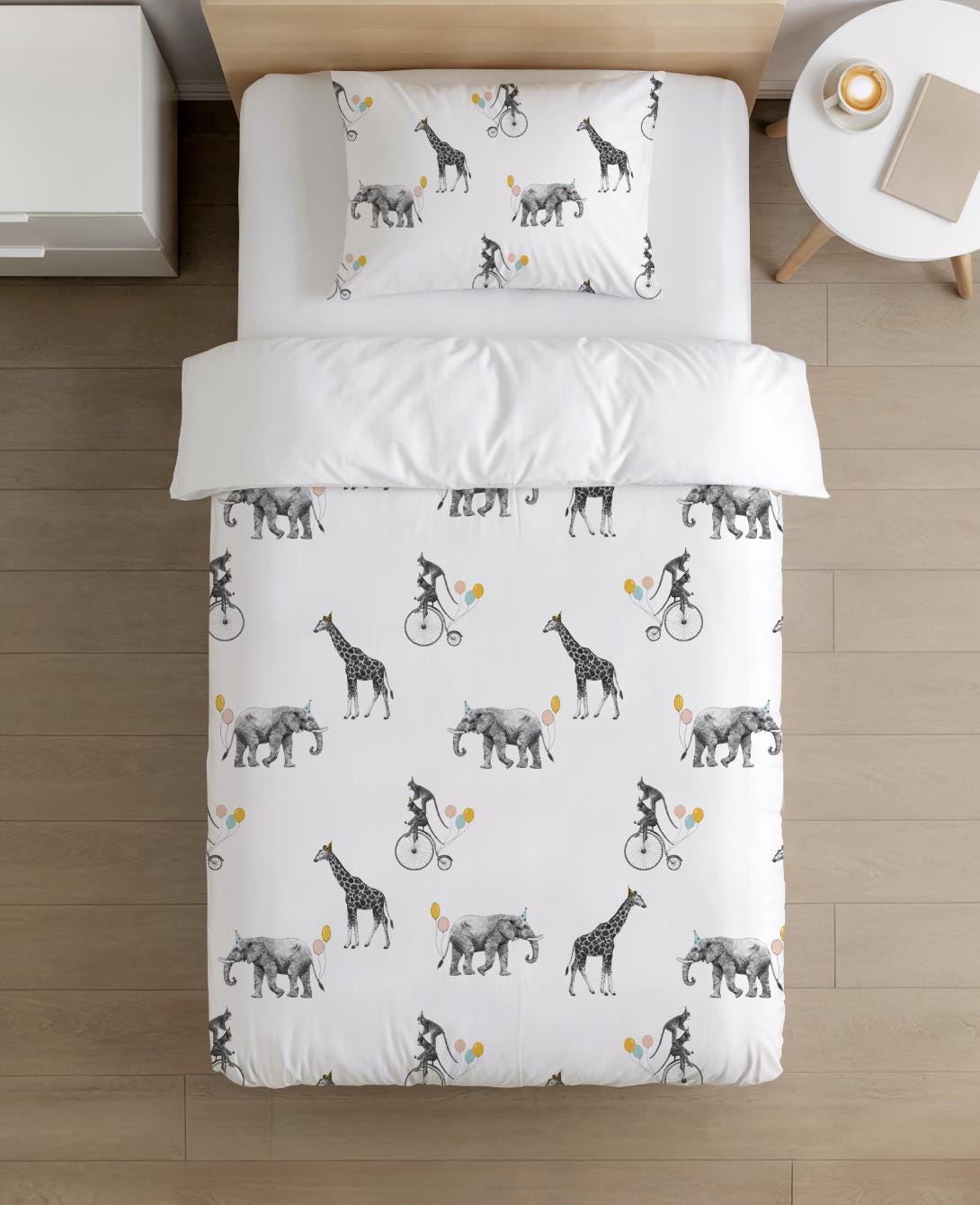 BEDDING - Safari - Animals on Unicycle, Duvet Cover set, Fitted Sheets, Pillow Case, Modern Colourful Watercolour Kids Bedding