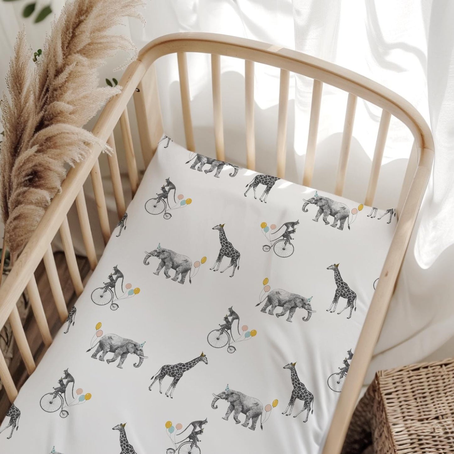 BEDDING - Safari - Animals on Unicycle, Duvet Cover set, Fitted Sheets, Pillow Case, Modern Colourful Watercolour Kids Bedding