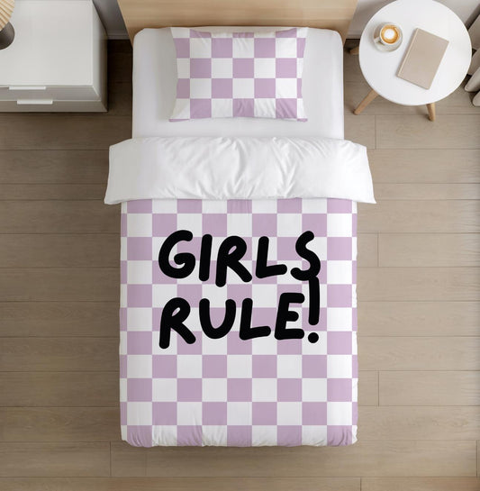 BEDDING - Checkered Girls Rule! Purple, Duvet Cover set, Fitted Sheets, Pillow Case, Modern Colourful Watercolour Kids Bedding