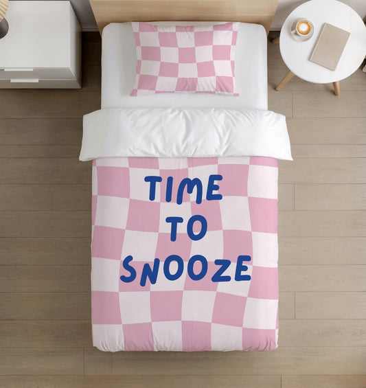 BEDDING - Checkered 'Time To Snooze' Pink/Baby Pink, Duvet Cover set, Fitted Sheets, Pillow Case, Modern Colourful Kids Bedding, Wavy