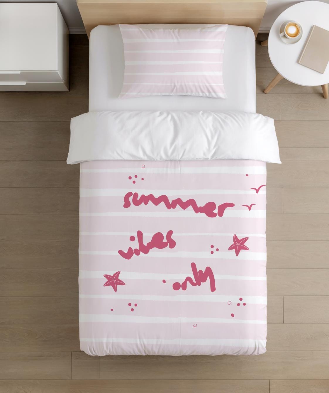 BEDDING - 'Summer Vibes Only' Pink and White stripes, Duvet Cover, Pillow Case, Modern Colourful Kids Bedding