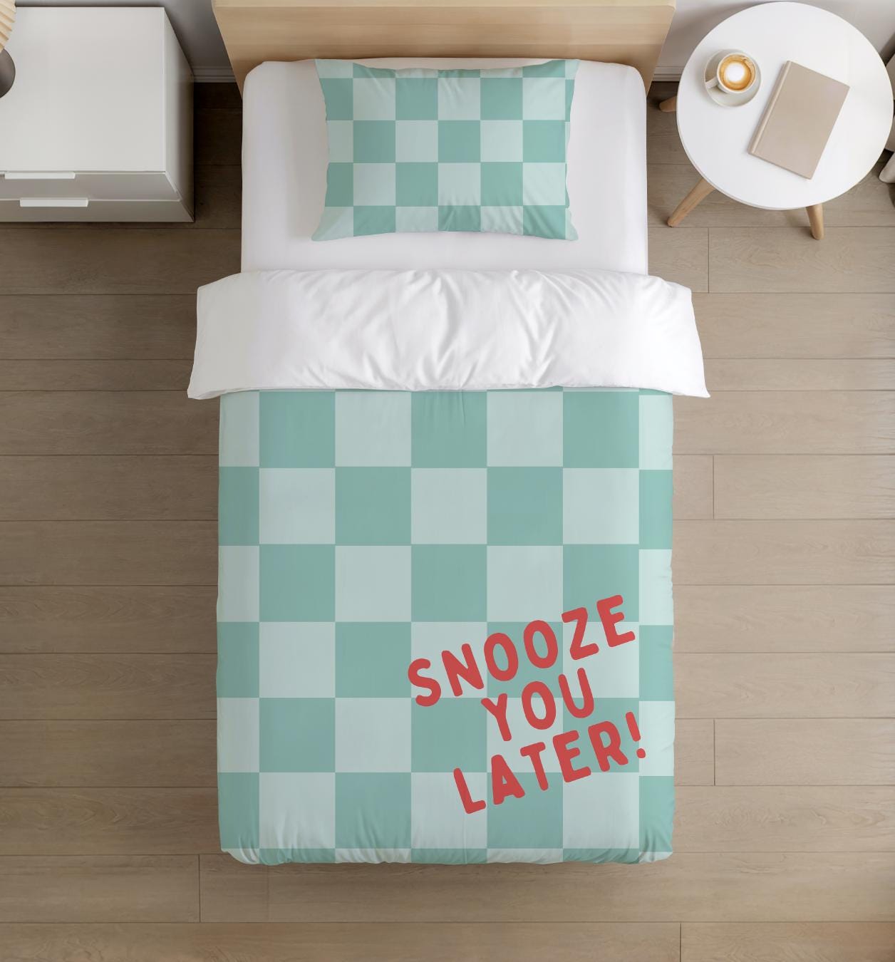 BEDDING - Checkered Blue Aqua 'Snooze You Later', Duvet Cover, Fitted Sheet, Pillow Case, Modern Colourful Kids Bedding
