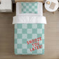 BEDDING - Checkered Blue Aqua 'Snooze You Later', Duvet Cover, Fitted Sheet, Pillow Case, Modern Colourful Kids Bedding