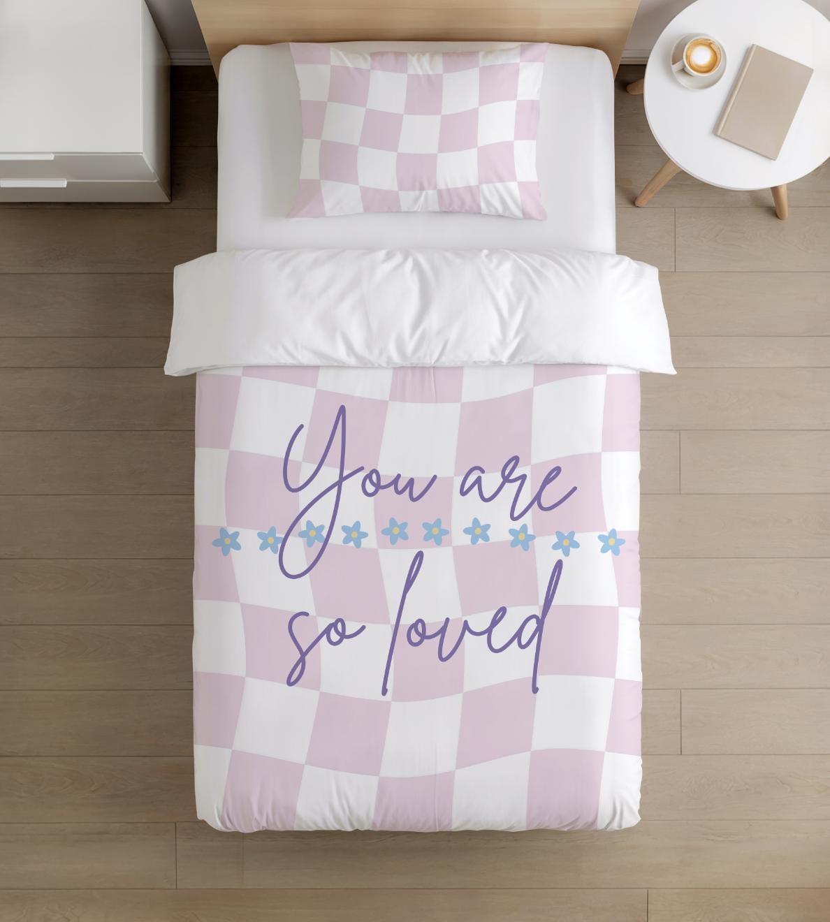 BEDDING - Checkered Purple/ White 'You Are So Loved', Duvet Cover, Pillow Case, Modern Colourful Kids Bedding