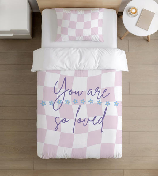 BEDDING - Checkered Purple/ White 'You Are So Loved', Duvet Cover, Pillow Case, Modern Colourful Kids Bedding
