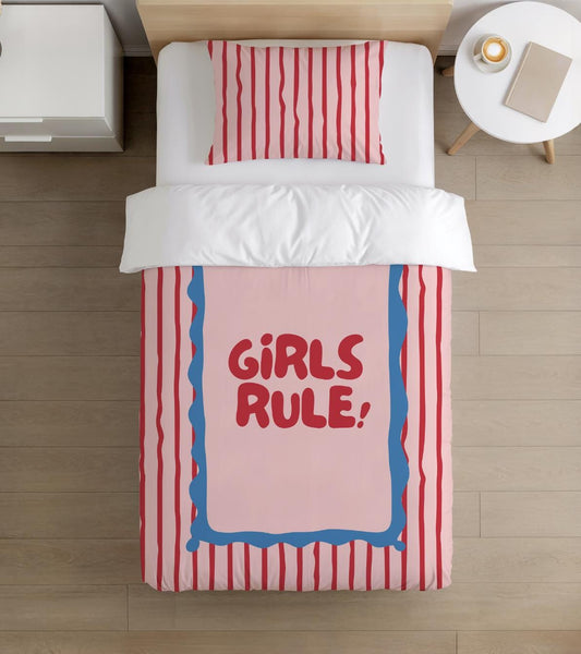 BEDDING - Stripes Pink & Red 'Girls Rule!', Duvet Cover set, Fitted Sheets, Pillow Case, Modern Colourful Watercolour Kids Bedding