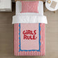 BEDDING - Stripes Pink & Red 'Girls Rule!', Duvet Cover set, Fitted Sheets, Pillow Case, Modern Colourful Watercolour Kids Bedding