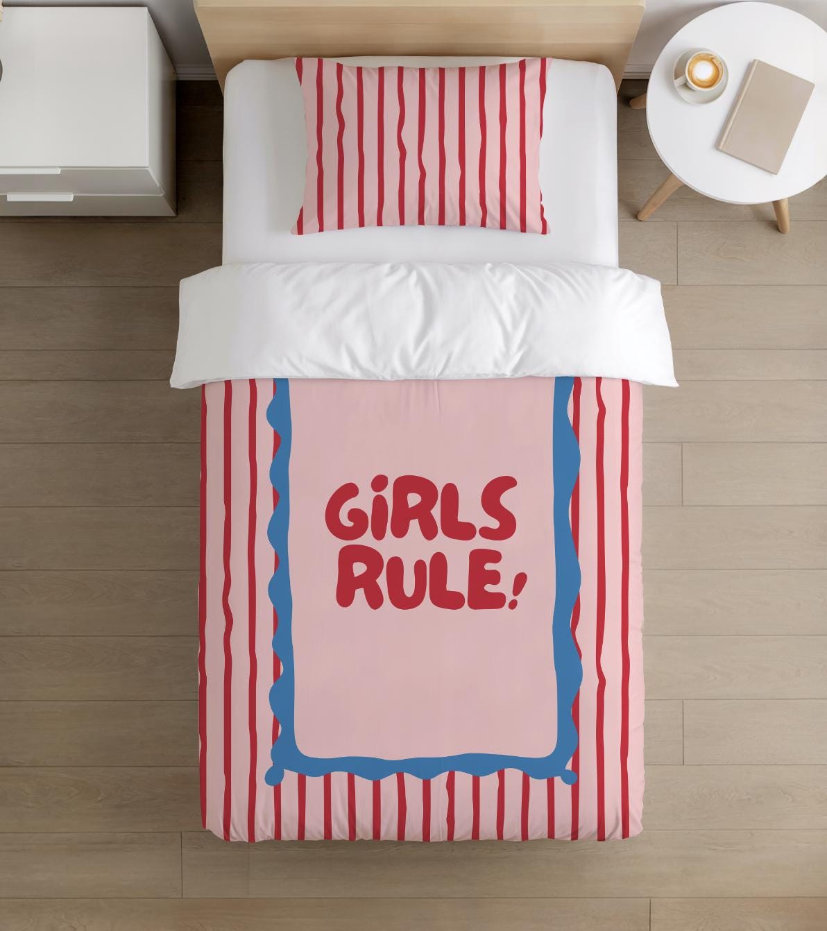BEDDING - Stripes Pink & Red 'Girls Rule!', Duvet Cover set, Fitted Sheets, Pillow Case, Modern Colourful Watercolour Kids Bedding